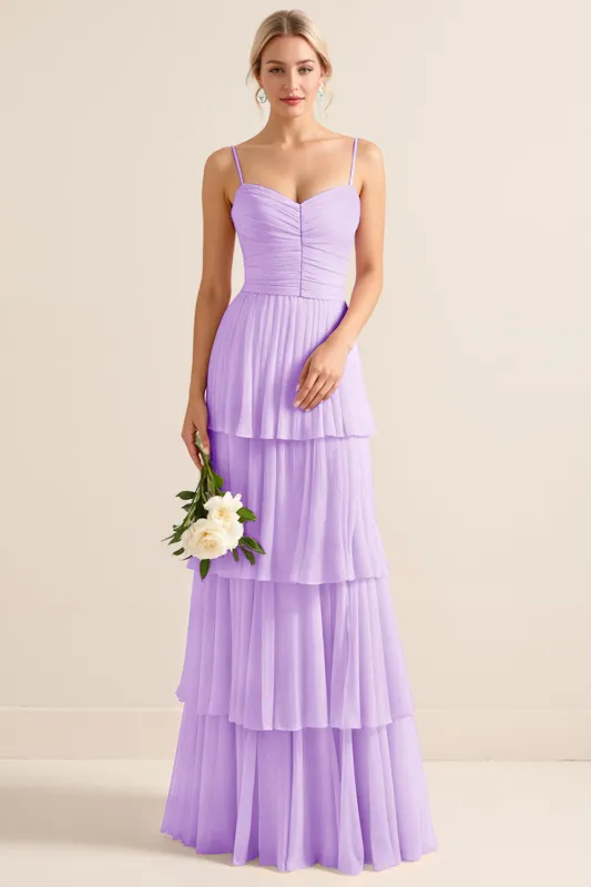 Lilac A-Line Spaghetti Straps Tiered Chiffon Long Bridesmaid Dress sold by Wedtrend