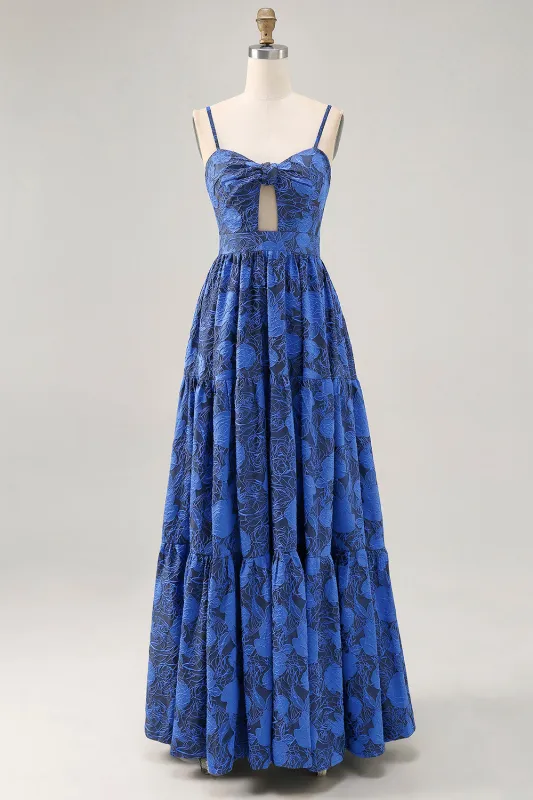A-Line Cut-Out Dark Blue Maxi Rose Floral Jacquard Dress with Pockets made by Wedtrend