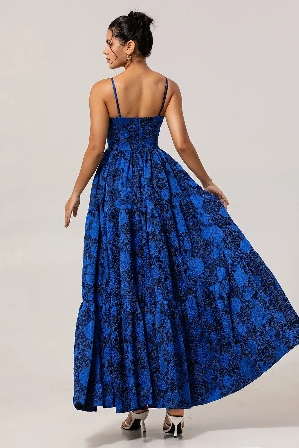 A-Line Cut-Out Dark Blue Maxi Rose Floral Jacquard Dress with Pockets sold by Wedtrend product image thumbnail 4