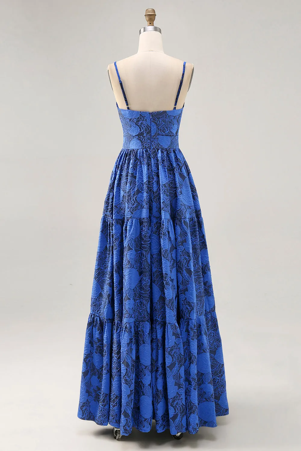A-Line Cut-Out Dark Blue Maxi Rose Floral Jacquard Dress with Pockets sold by Wedtrend product image thumbnail 2