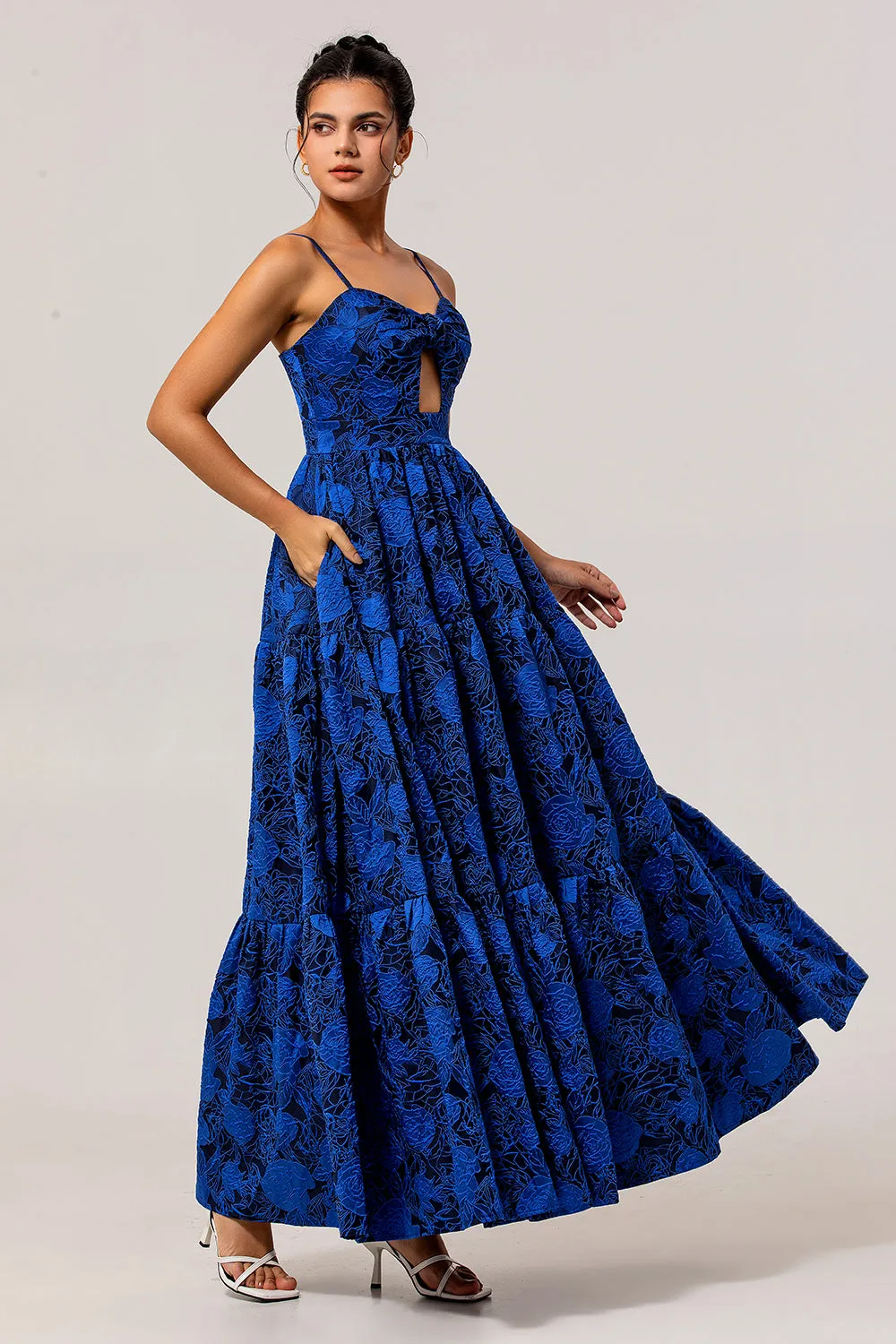 A-Line Cut-Out Dark Blue Maxi Rose Floral Jacquard Dress with Pockets sold by Wedtrend product image thumbnail 3