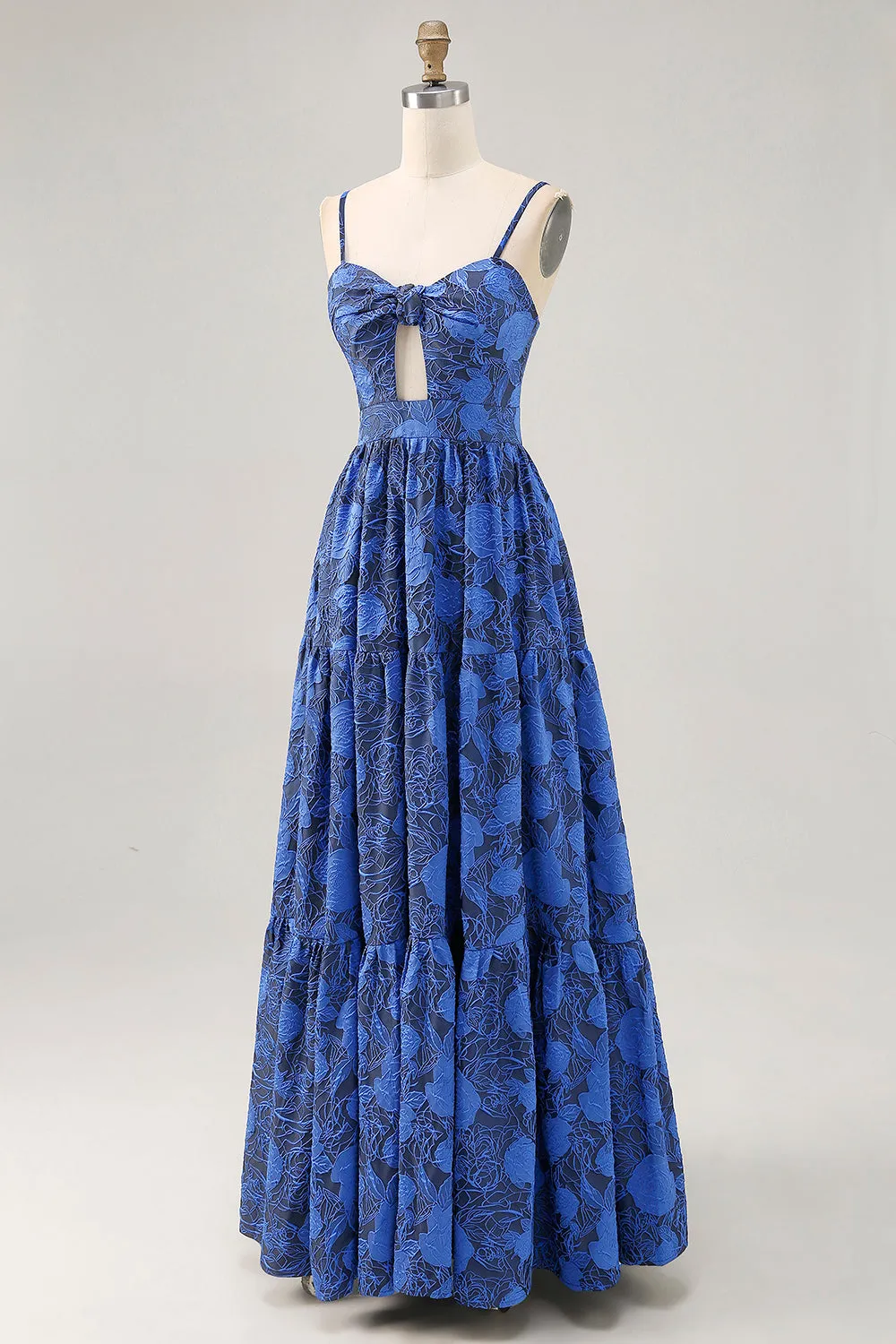 A-Line Cut-Out Dark Blue Maxi Rose Floral Jacquard Dress with Pockets sold by Wedtrend product image thumbnail 5