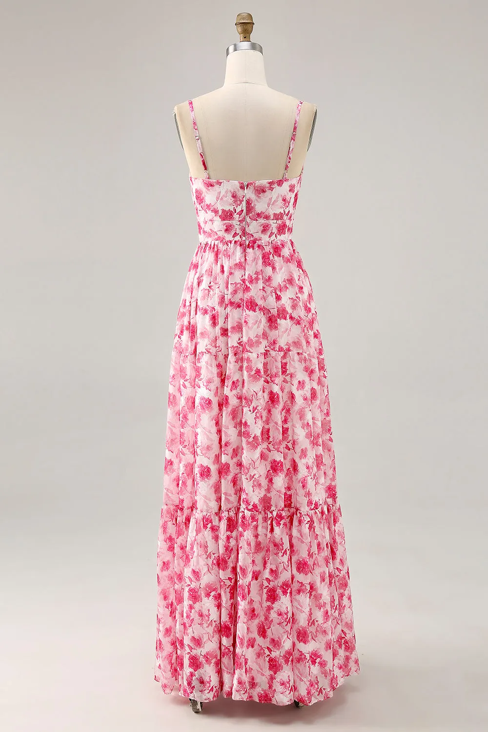 A-Line Spaghetti Straps Cut Out Long Pink Flower Chiffon Dress sold by Wedtrend product image thumbnail 2