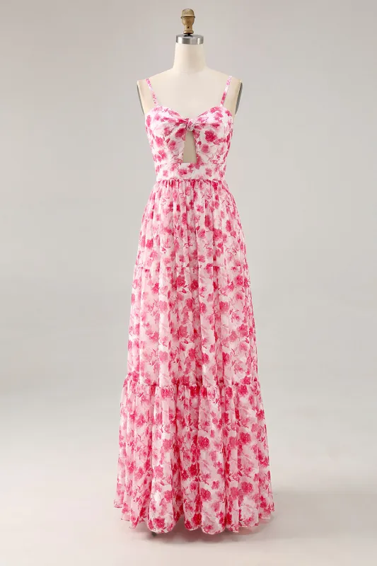 A-Line Spaghetti Straps Cut Out Long Pink Flower Chiffon Dress made by Wedtrend
