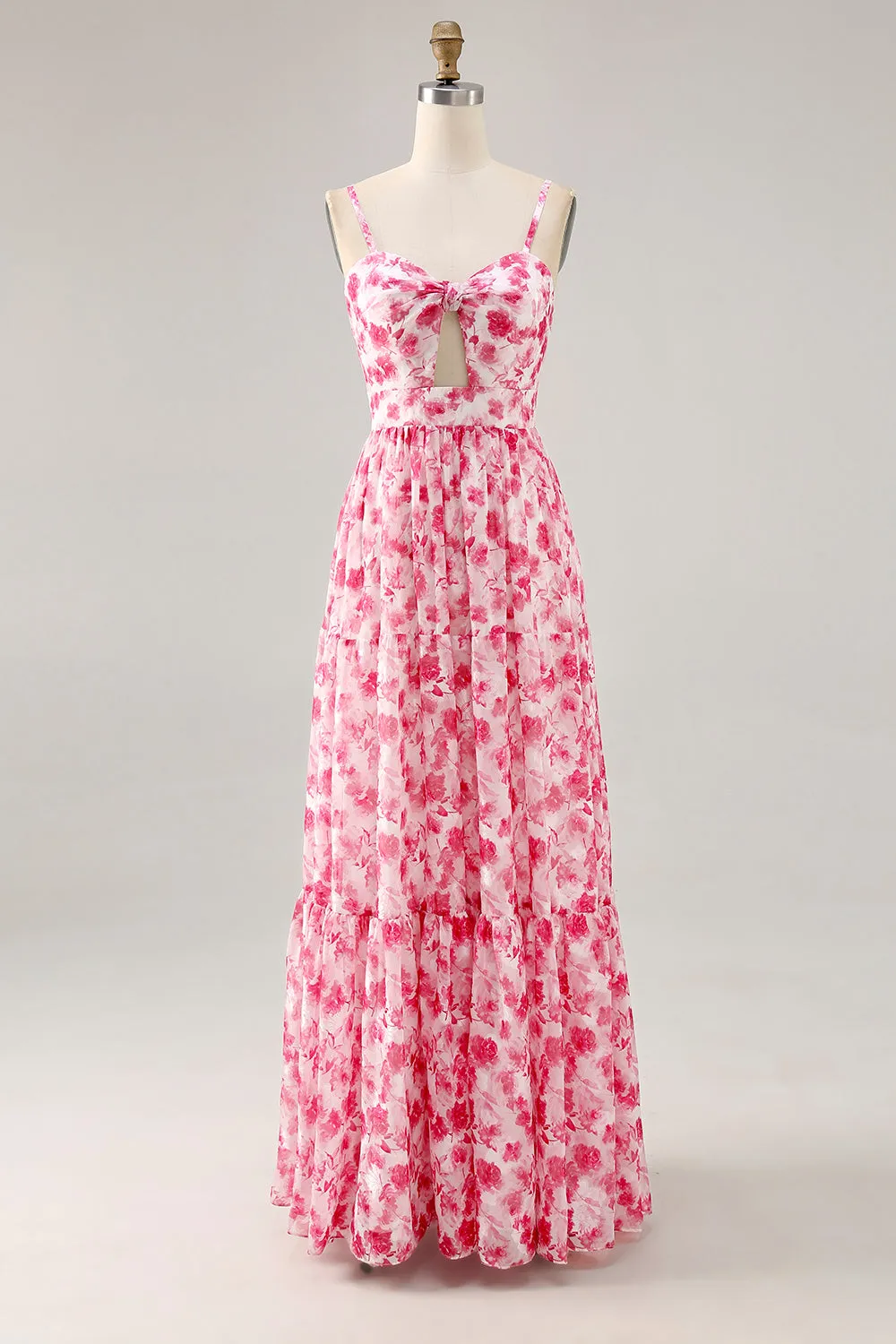 A-Line Spaghetti Straps Cut Out Long Pink Flower Chiffon Dress sold by Wedtrend