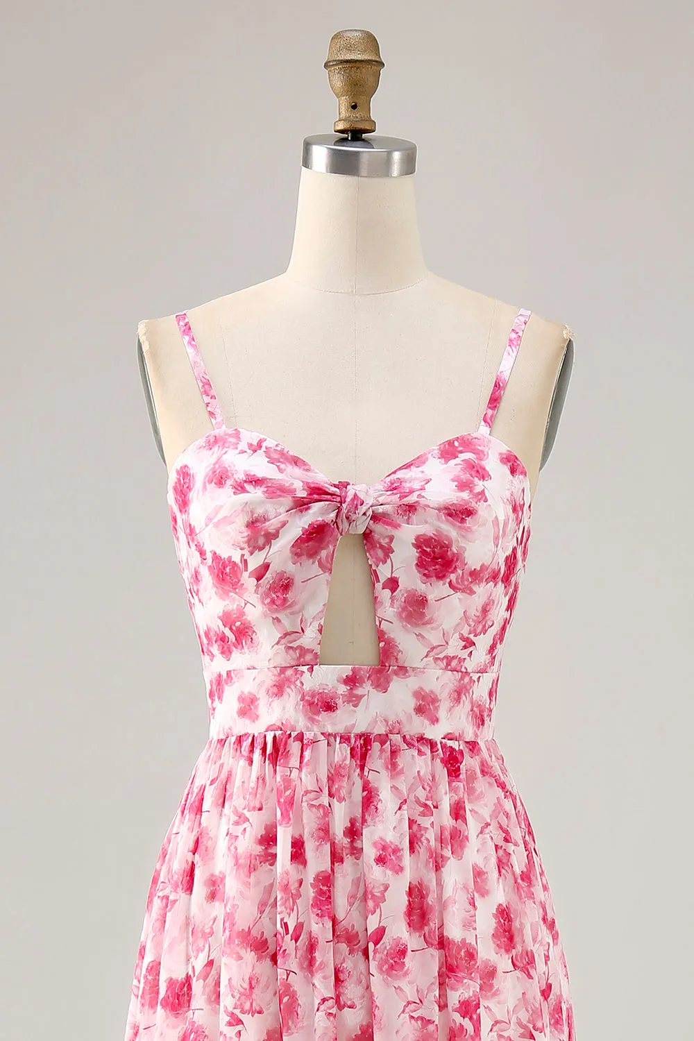 A-Line Spaghetti Straps Cut Out Long Pink Flower Chiffon Dress sold by Wedtrend product image thumbnail 4