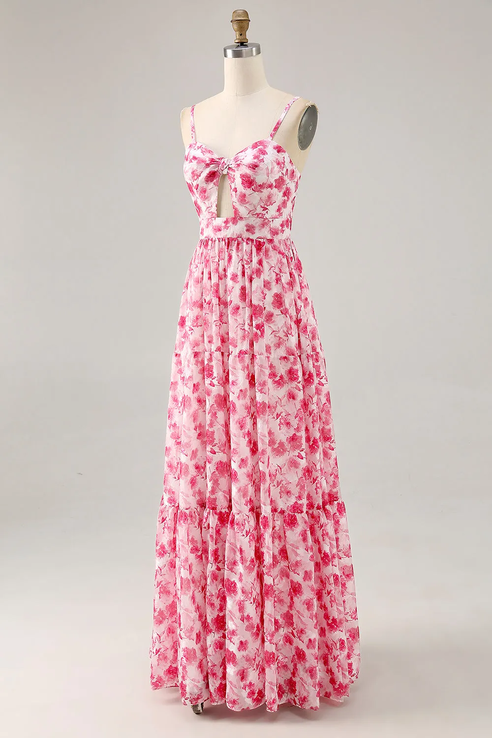 A-Line Spaghetti Straps Cut Out Long Pink Flower Chiffon Dress sold by Wedtrend product image thumbnail 3