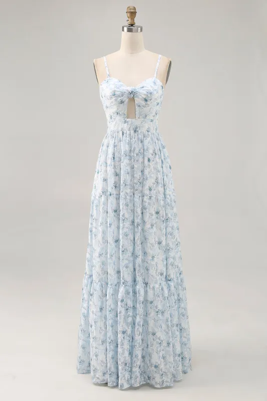 Blue Flower A-Line Spaghetti Straps Cut Out Long Chiffon Floral Dress sold by Wedtrend