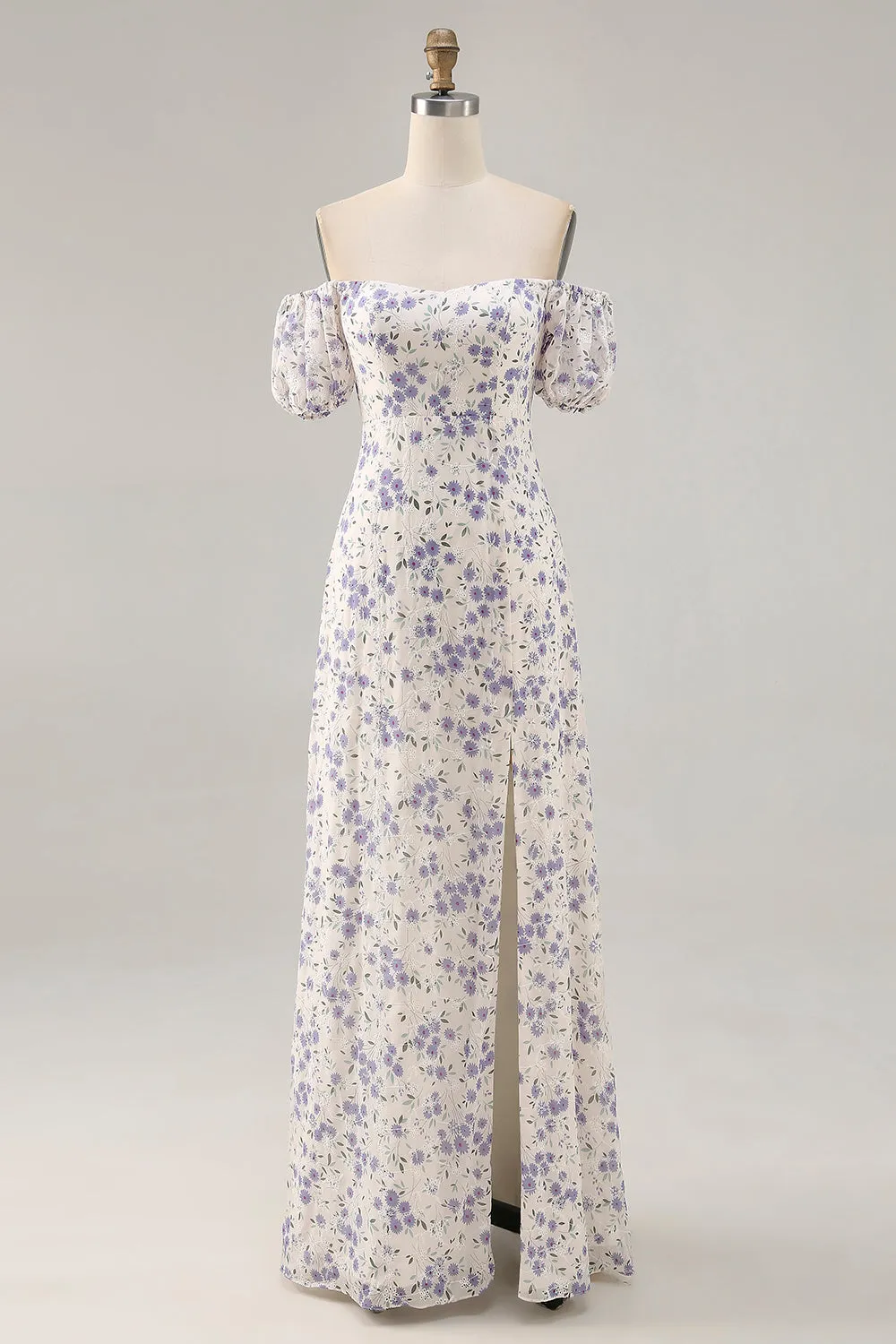 Blue Flower A-Line Off The Shoulder Chiffon Long Bridesmaid Dress with Slit sold by Wedtrend