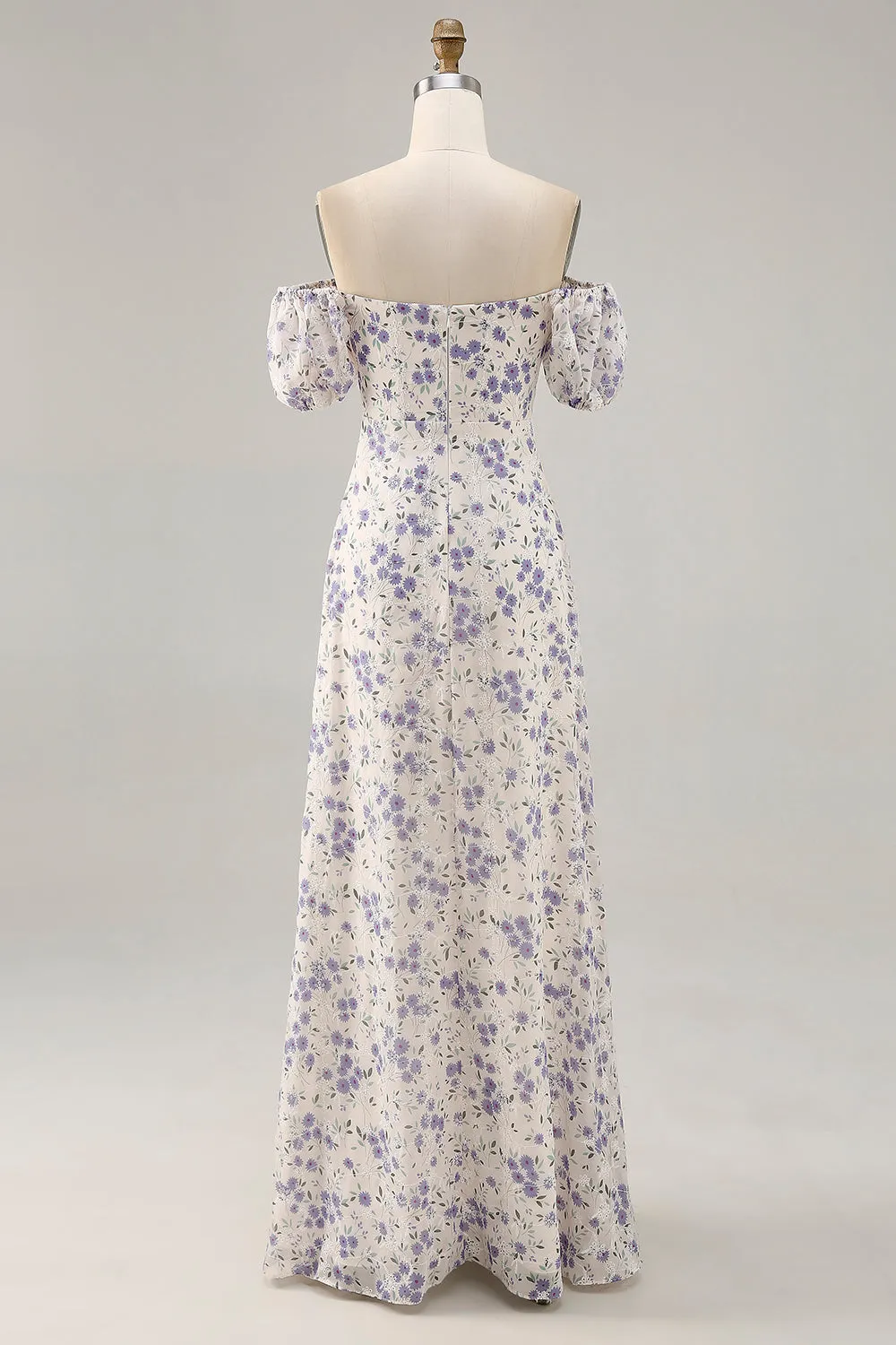 Blue Flower A-Line Off The Shoulder Chiffon Long Bridesmaid Dress with Slit sold by Wedtrend product image thumbnail 2
