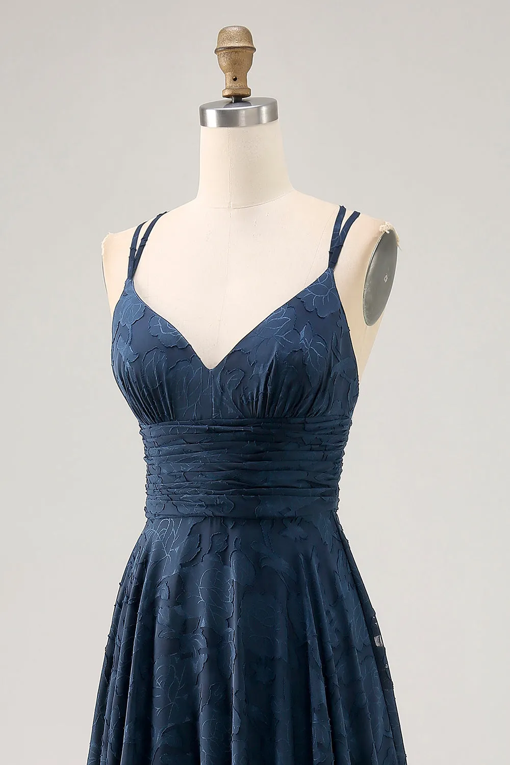 Navy A-Line Spaghetti Straps Ruched Floral Burnout Floor Length Dress sold by Wedtrend product image thumbnail 5