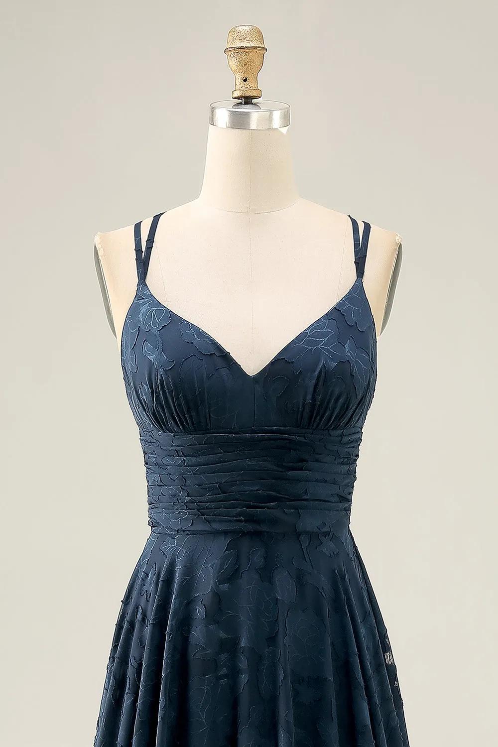 Navy A-Line Spaghetti Straps Ruched Floral Burnout Floor Length Dress sold by Wedtrend product image thumbnail 4