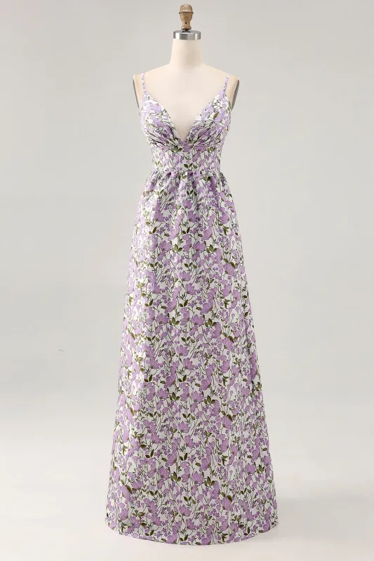 Purple Flower A-Line Spaghetti Straps Print Maxi Dress with Pockets made by Wedtrend