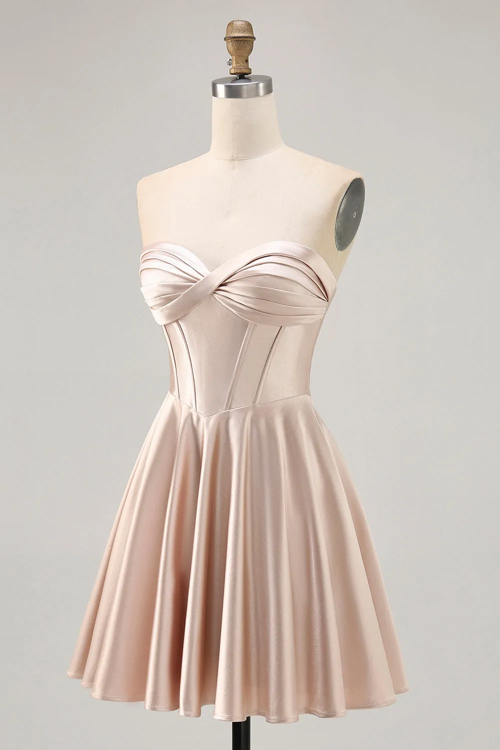 Champagne A-Line Strapless Corset Ruched Satin Homecoming Dress with Lace Up Back sold by Wedtrend product image thumbnail 3