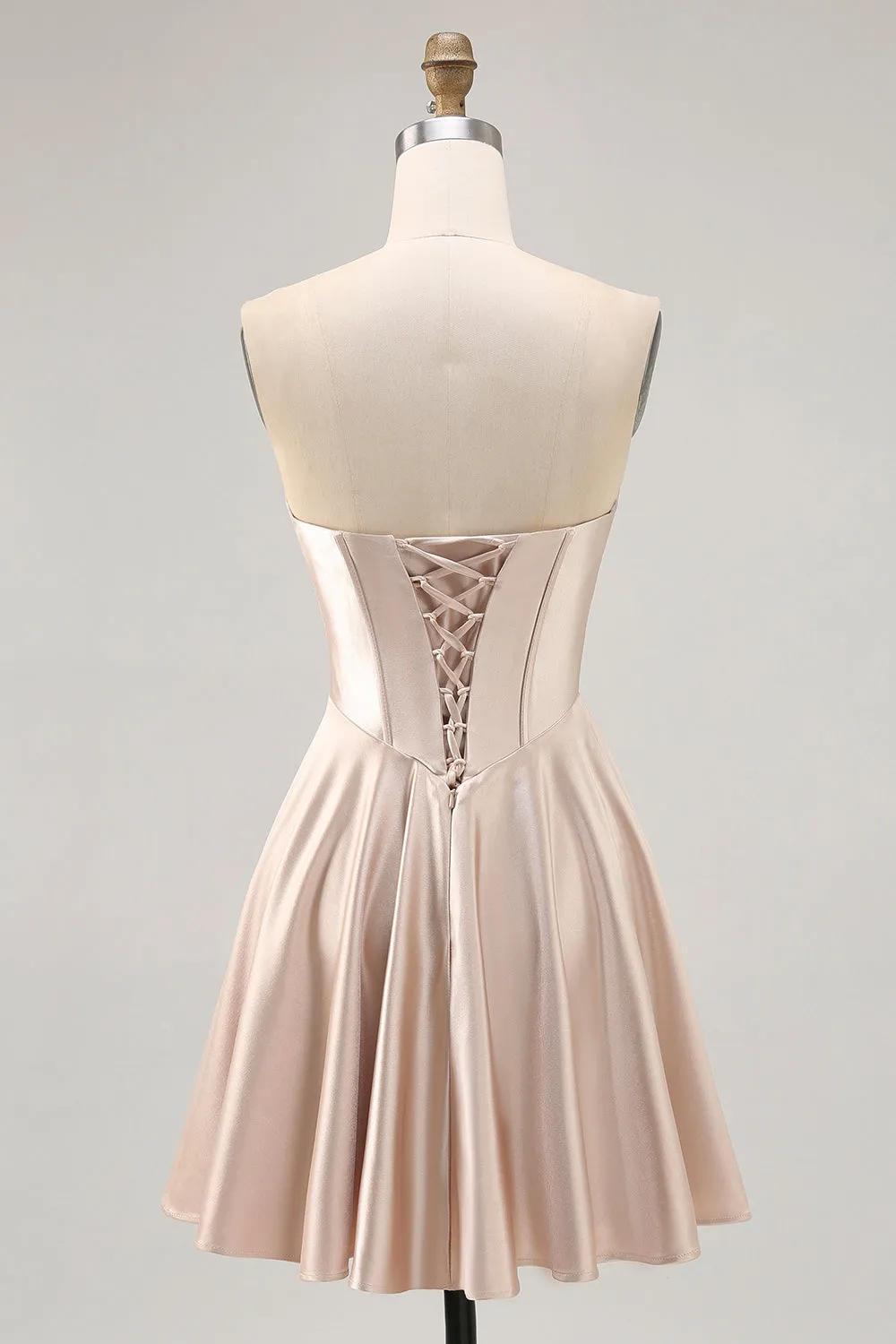 Champagne A-Line Strapless Corset Ruched Satin Homecoming Dress with Lace Up Back sold by Wedtrend product image thumbnail 2
