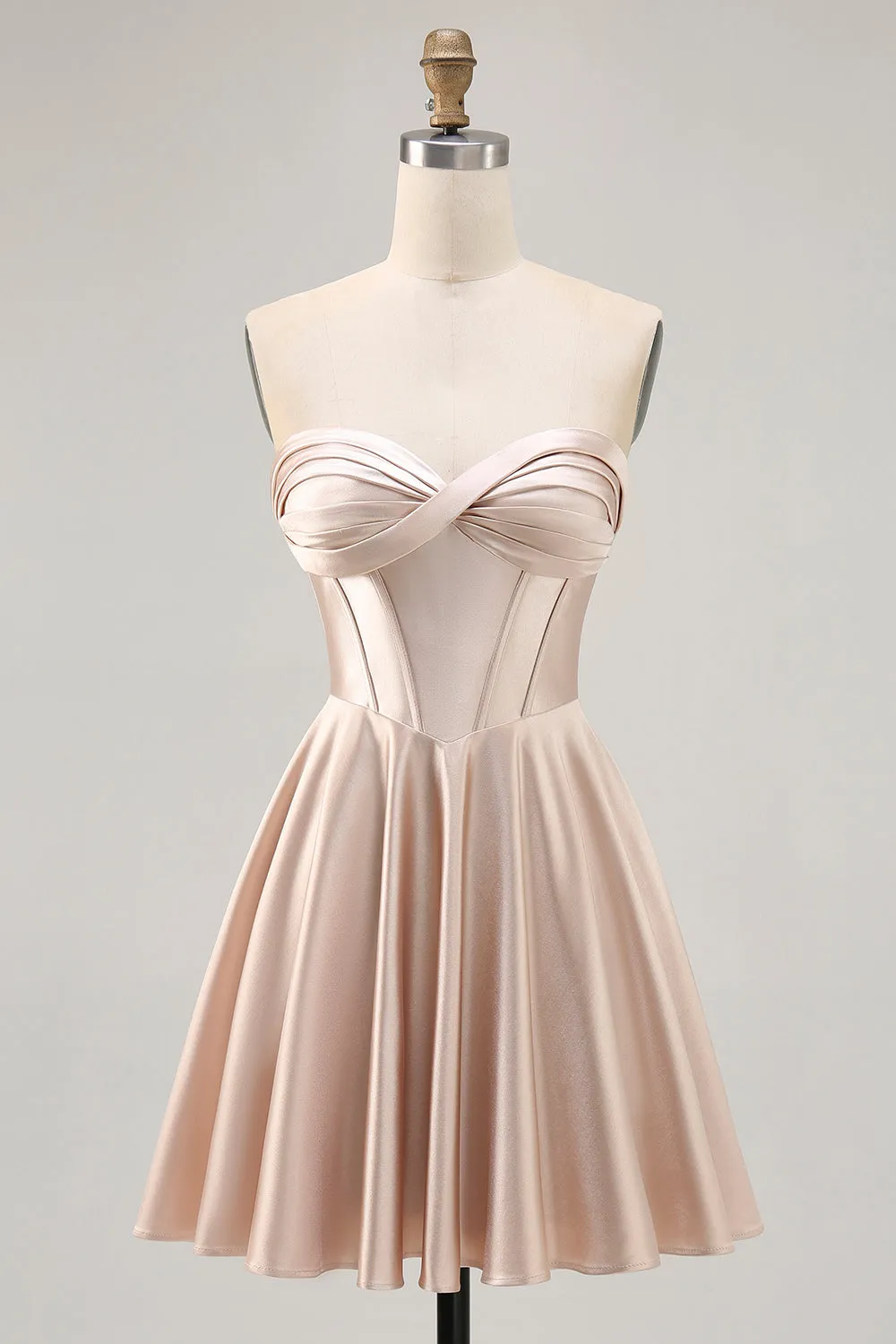 Champagne A-Line Strapless Corset Ruched Satin Homecoming Dress with Lace Up Back sold by Wedtrend