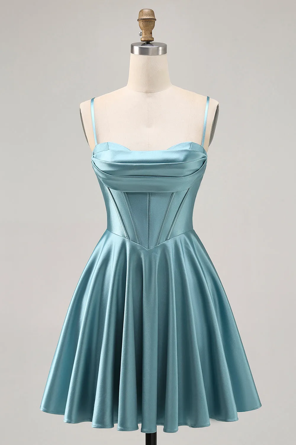 Grey Green A-Line Corset Satin Short Homecoming Dress with Lace Up Back sold by Wedtrend