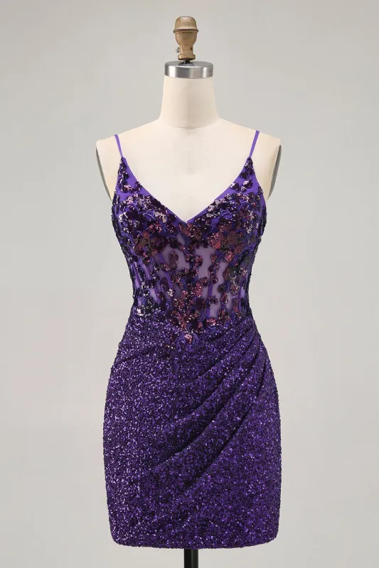 Sparkly Dark Purple Sequins Corset Bodycon Short Homecoming Dress sold by Wedtrend