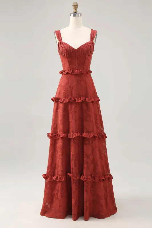 Terracotta A-line Ruffled Floral Burnout Maxi Bridesmaid Dress with Lace Up Back made by Wedtrend