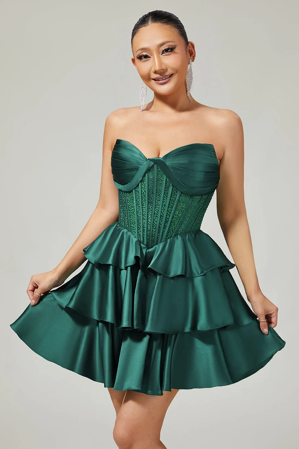 Dark Green Strapless Corset Tiered Satin Beaded Short A Line Homecoming Dress sold by Wedtrend product image thumbnail 3