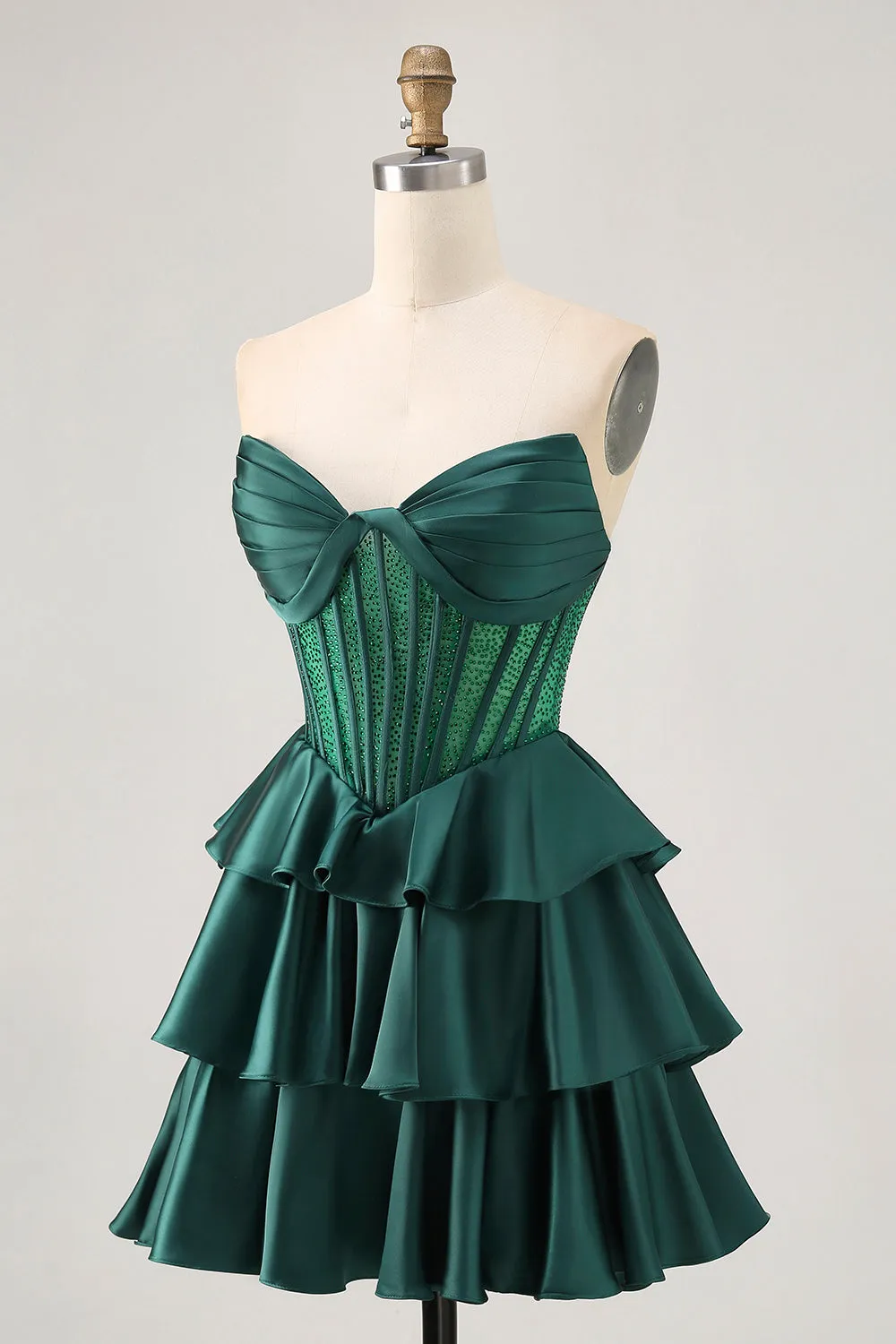 Dark Green Strapless Corset Tiered Satin Beaded Short A Line Homecoming Dress sold by Wedtrend product image thumbnail 5