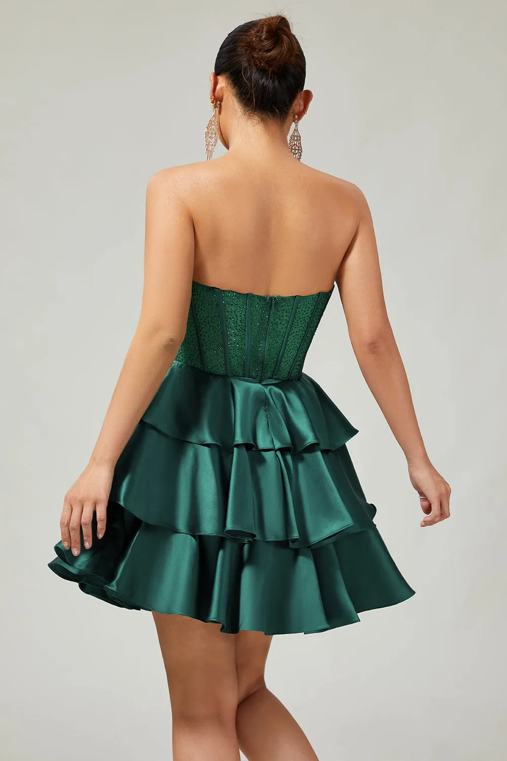 Dark Green Strapless Corset Tiered Satin Beaded Short A Line Homecoming Dress sold by Wedtrend product image thumbnail 4