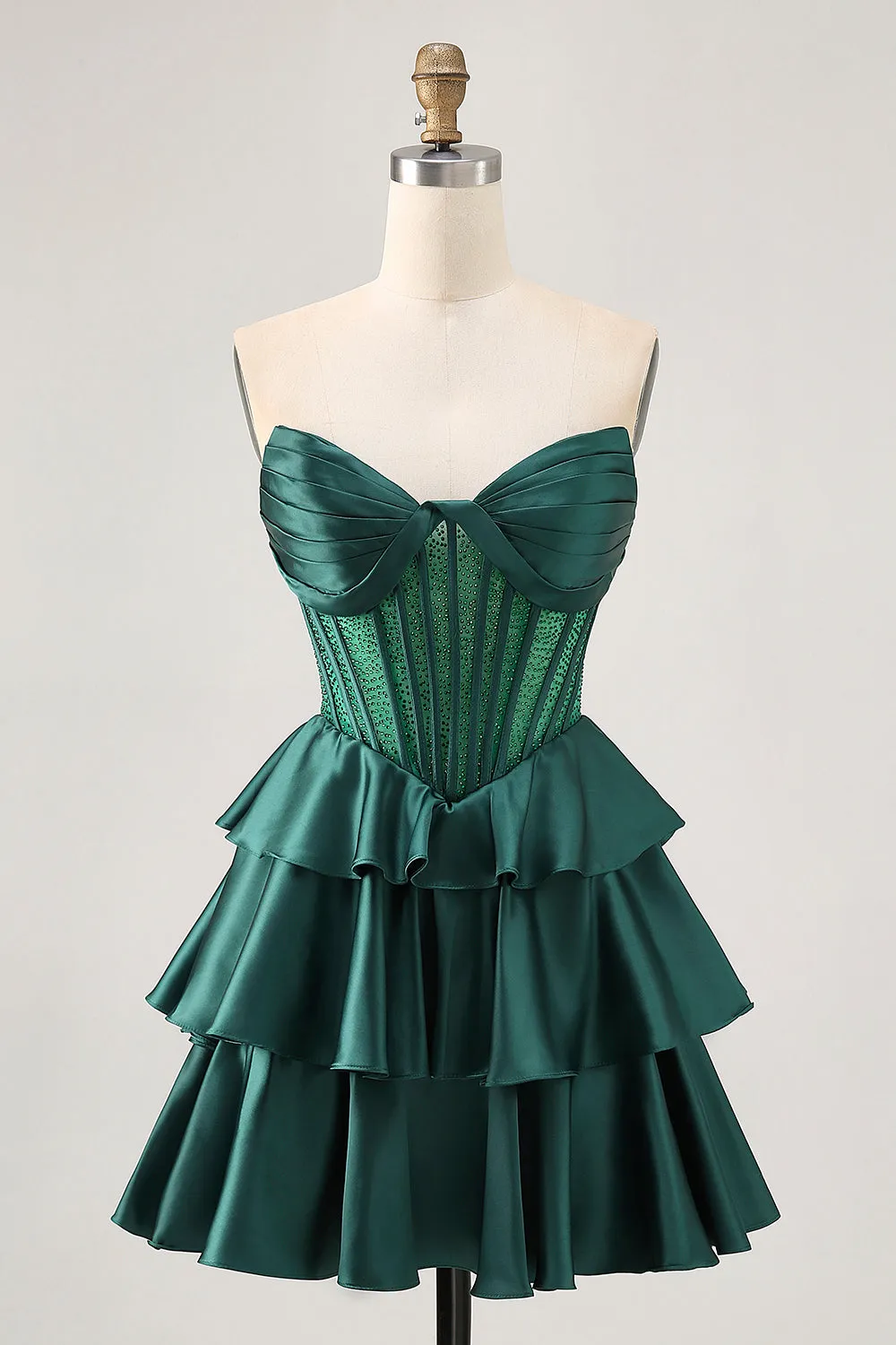 Dark Green Strapless Corset Tiered Satin Beaded Short A Line Homecoming Dress sold by Wedtrend