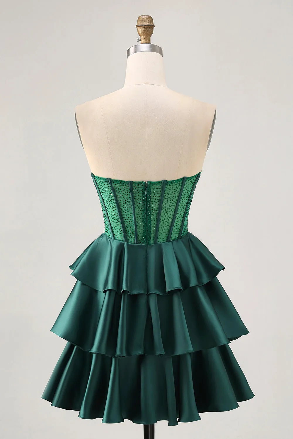 Dark Green Strapless Corset Tiered Satin Beaded Short A Line Homecoming Dress sold by Wedtrend product image thumbnail 2