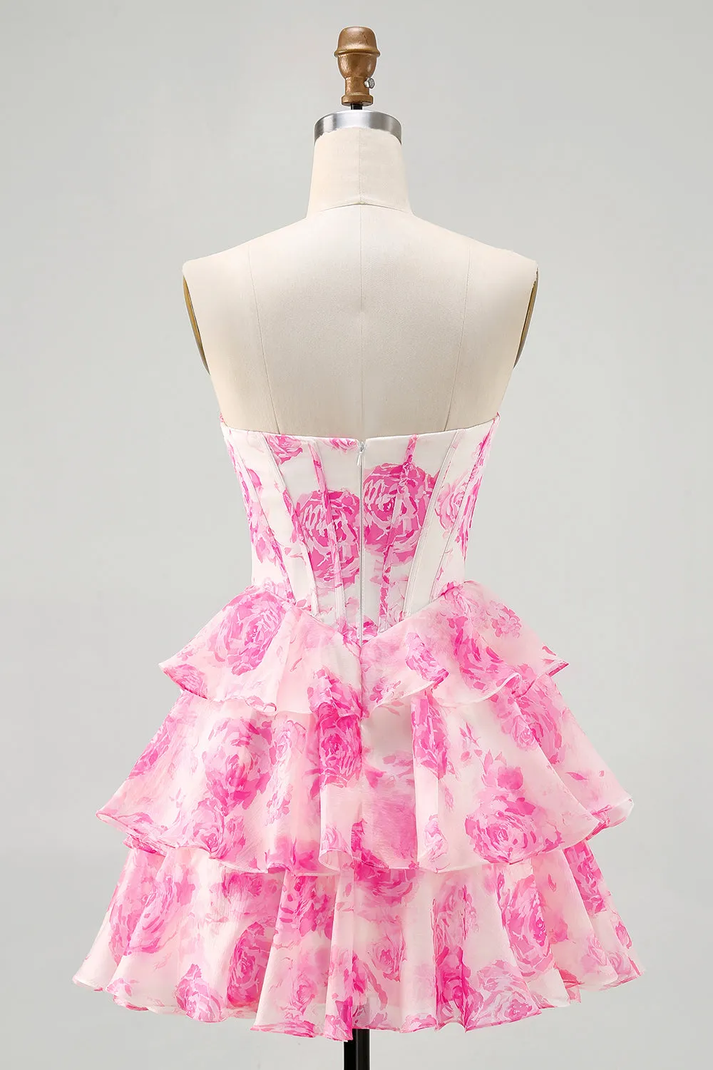 Fuchsia A-Line Strapless Tiered Printed Floral Short Homecoming Dress sold by Wedtrend product image thumbnail 3
