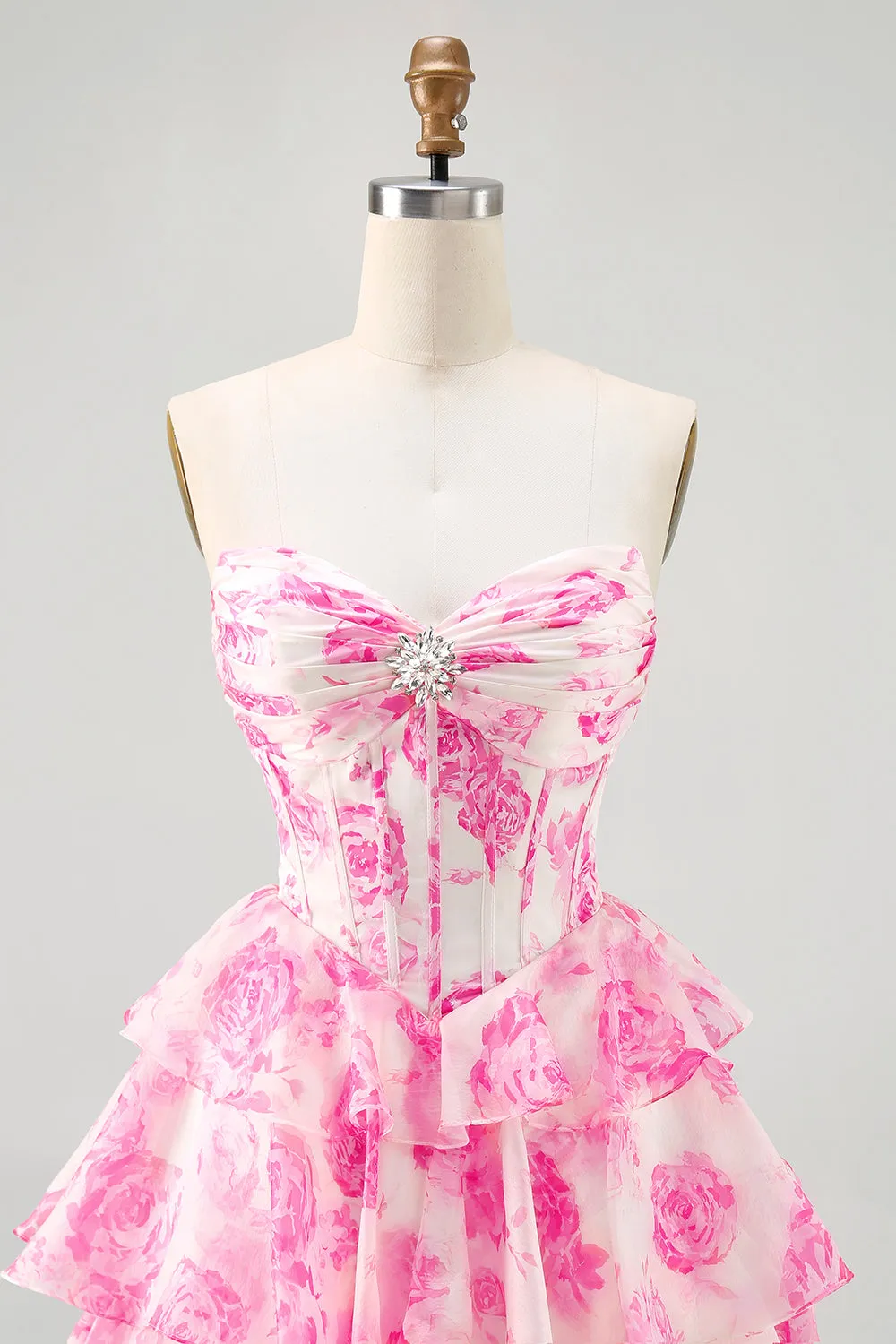 Fuchsia A-Line Strapless Tiered Printed Floral Short Homecoming Dress sold by Wedtrend product image thumbnail 5