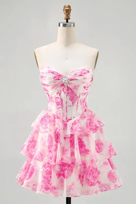 Fuchsia A-Line Strapless Tiered Printed Floral Short Homecoming Dress sold by Wedtrend