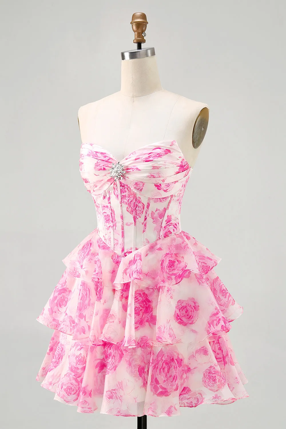 Fuchsia A-Line Strapless Tiered Printed Floral Short Homecoming Dress sold by Wedtrend product image thumbnail 4
