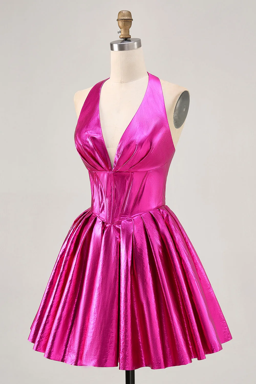 Fuchsia A Line Halter Backless Corset Ruched Homecoming Dress sold by Wedtrend product image thumbnail 3