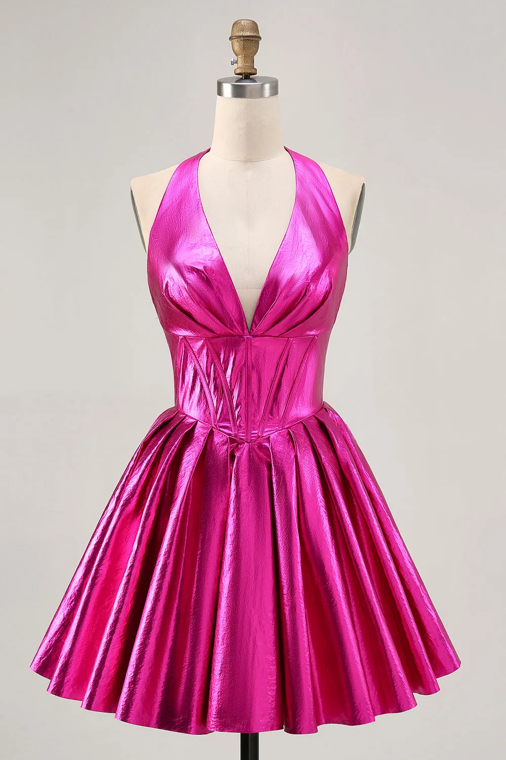 Fuchsia A Line Halter Backless Corset Ruched Homecoming Dress sold by Wedtrend