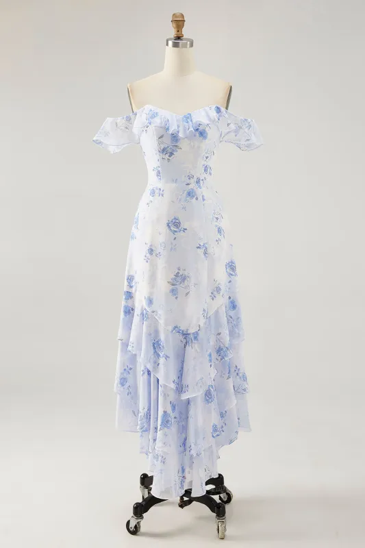 Blue Flower A-line Off The Shoulder Ruffled Wedding Guest Dress with Lace Up Back sold by Wedtrend