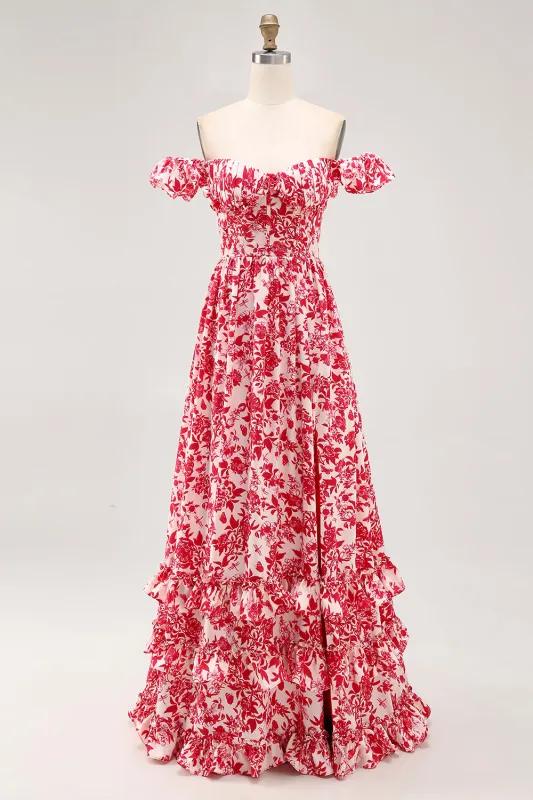A-line Off The Shoulder Ruched Red Flower Convertible Long Bridesmaid Dress with Slit sold by Wedtrend