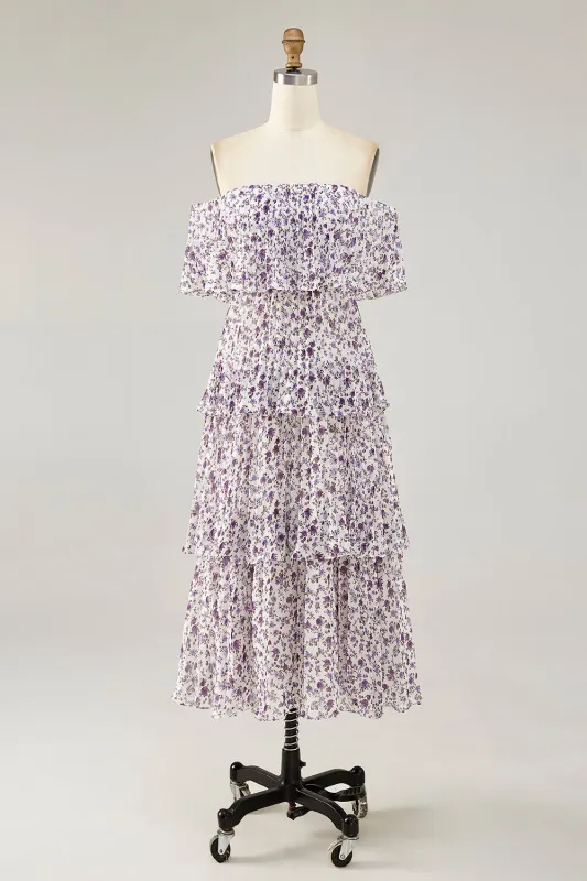 Purple Flower A-Line Off The Shoulder Chiffon Bridesmaid Dress with Ruffles made by Wedtrend