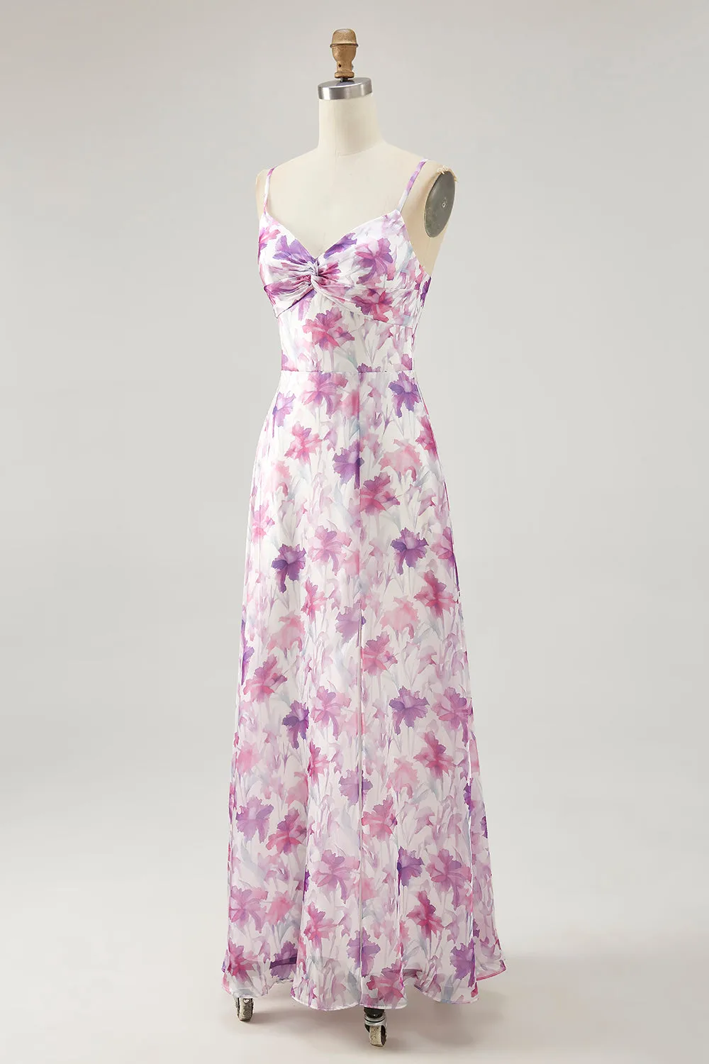 Purple Flower A-Line Spaghetti Straps Front Knot Print Maxi Dress with Slit sold by Wedtrend product image thumbnail 5