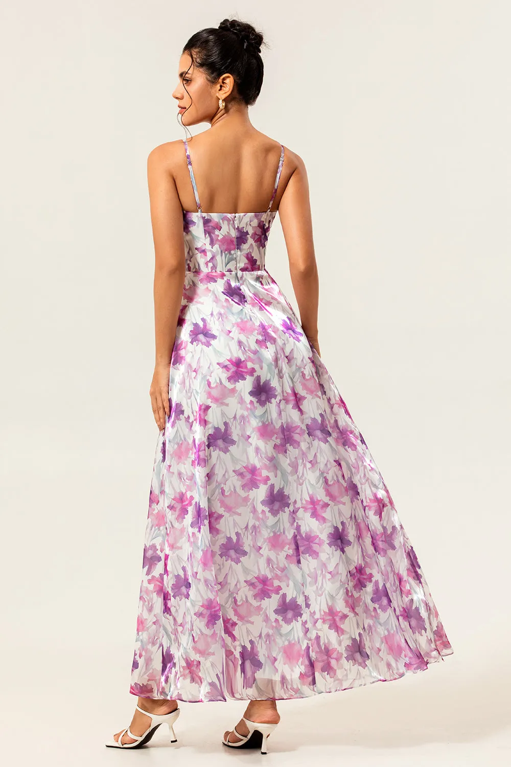 Purple Flower A-Line Spaghetti Straps Front Knot Print Maxi Dress with Slit sold by Wedtrend product image thumbnail 4
