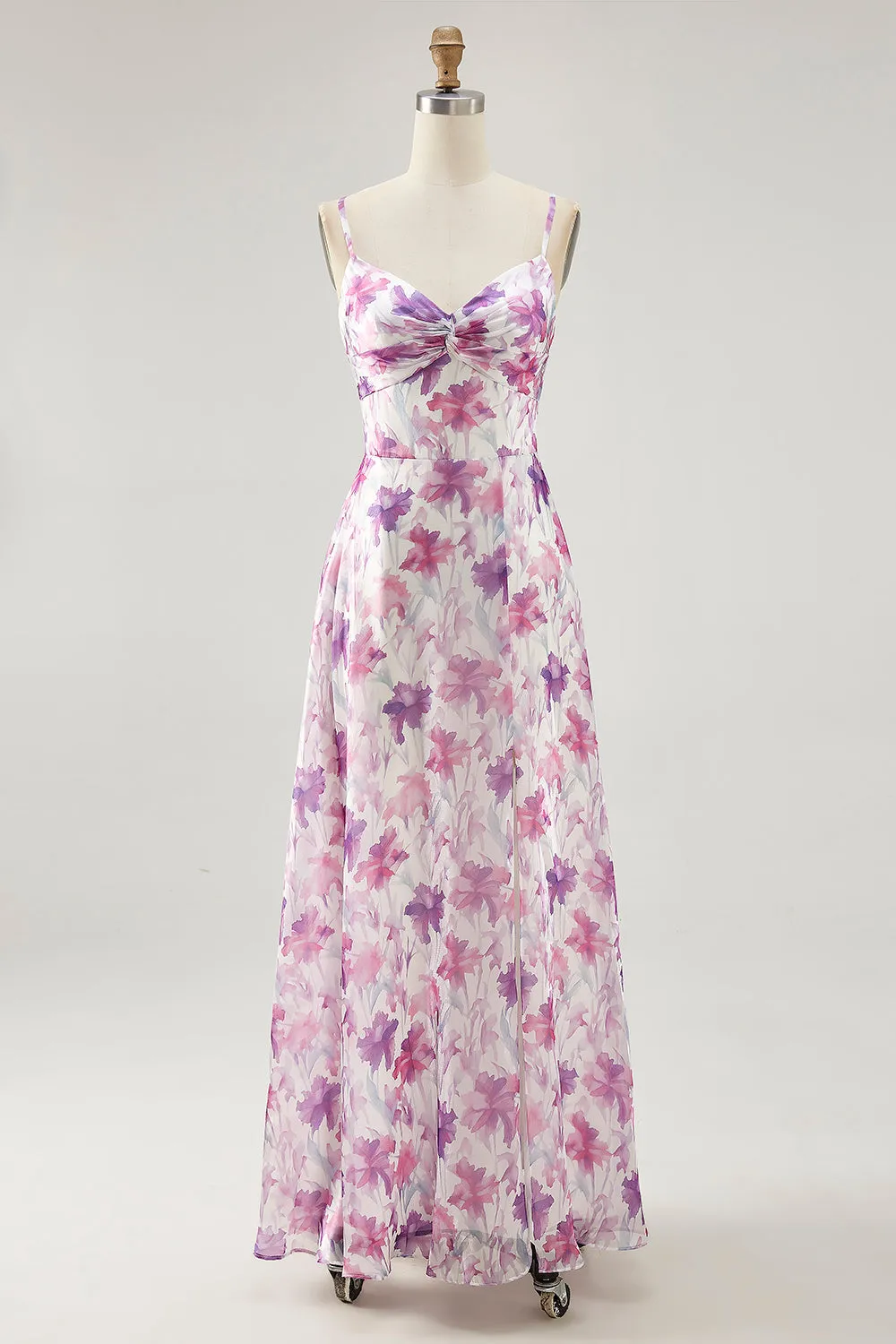 Purple Flower A-Line Spaghetti Straps Front Knot Print Maxi Dress with Slit sold by Wedtrend