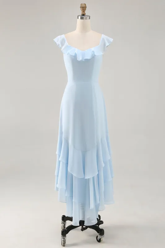 Sky Blue A-line Ruffled Chiffon Bridesmaid Dress with Lace Up Back sold by Wedtrend