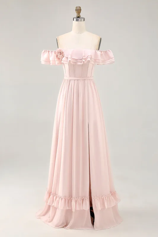 Dusty Sage A-line Off The Shoulder Chiffon Long Bridesmaid Dress with Slit sold by Wedtrend