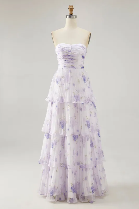 Lavender Flower A-line Backless Strapless Pleated Tiered Maxi Dress made by Wedtrend