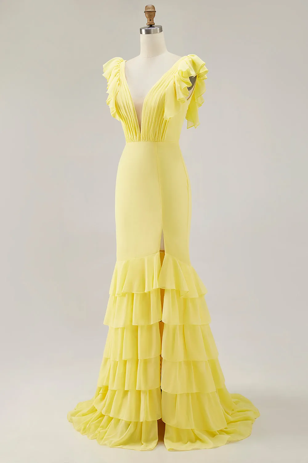 Daffodil Mermaid V Neck Ruffled Formal Dress With Slit sold by Wedtrend product image thumbnail 3