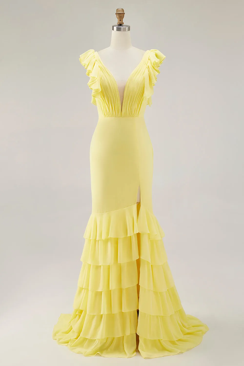 Daffodil Mermaid V Neck Ruffled Formal Dress With Slit sold by Wedtrend