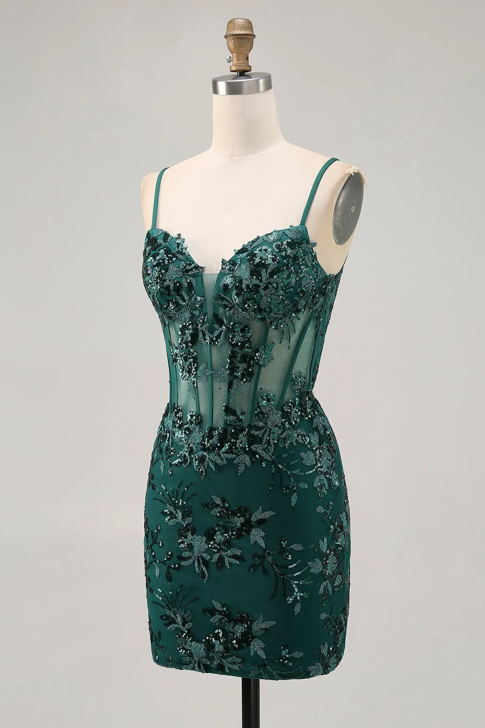 Dark Green Sequins Sheer Corset Tight Short Homecoming Dress sold by Wedtrend product image thumbnail 3