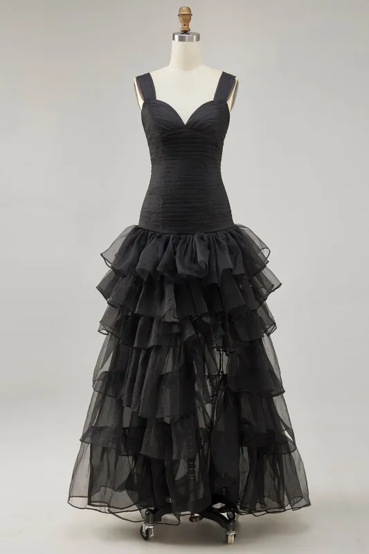 A Line Black Tiered Ruffled Formal Dress with Slit made by Wedtrend