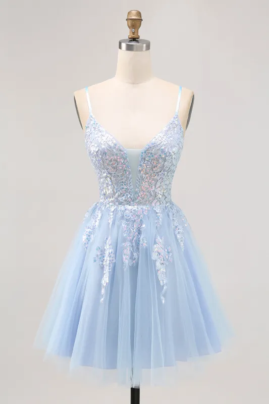Sparkly Blue A Line Spaghetti Straps Sequins Short Homecoming Dress with Appliques made by Wedtrend