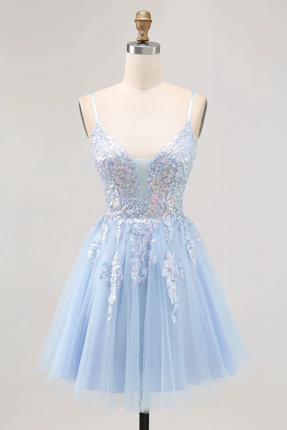 Sparkly Blue A Line Spaghetti Straps Sequins Short Homecoming Dress with Appliques sold by Wedtrend