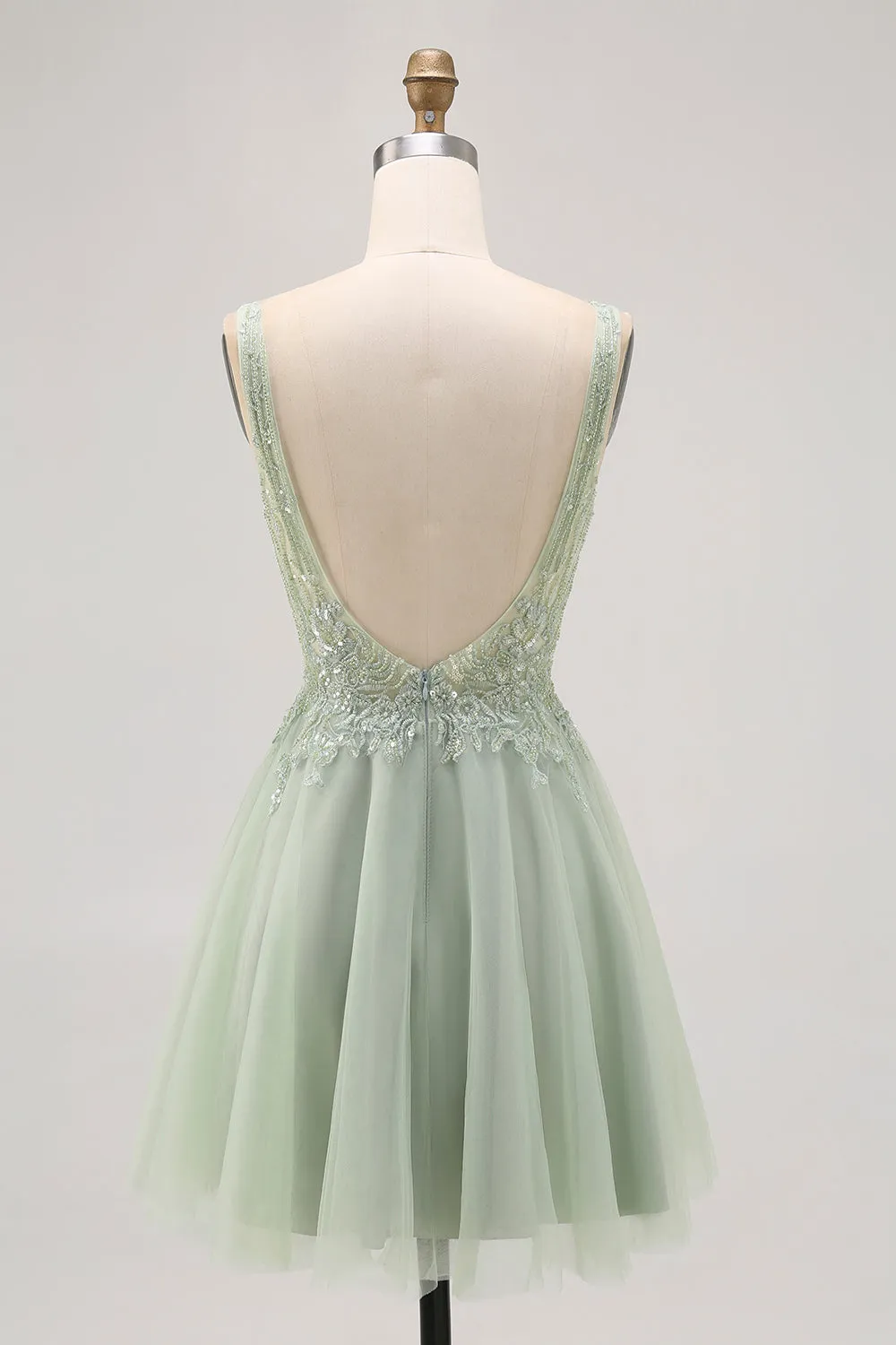 Green A Line V Neck Tulle Backless Short Homecoming Dress with Sequins sold by Wedtrend product image thumbnail 2